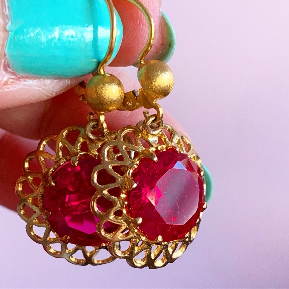 Vintage 14k Gold Huge Synthetic Ruby Dangle Drop … - image 2